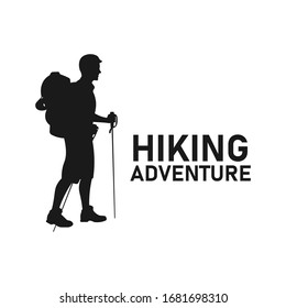 Man Holding Stick Go Hiking Silhouette. Trekking Adventure. Holiday Outdoor Activity. Camping Equipment. Backpacker Style. Backpacking In Nature Concept - Vector Icon Sign Or Symbol Illustration.