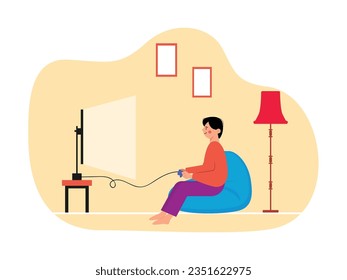 Man holding stick playing video game sitting bean bag in living room with home interior watching tv. Character design. Vector flat illustration