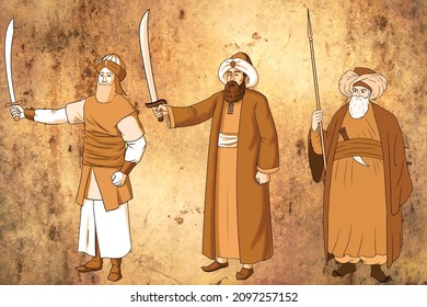A man holding a stick and two men holding a sword from ancient history
