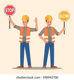 Man holding stop sign and slow sign. Vector design.