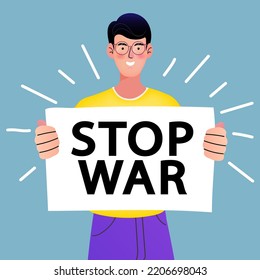 man holding stop war sign. Protest against military action and militarization. People want peace, safety life. Antiwar protest. Vector illustration.