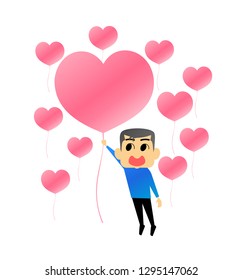 A man holding string of the heart shape balloon and a lot of heart shape balloon.