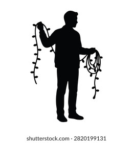 Man holding string lights  silhouette vector flat illustration design.