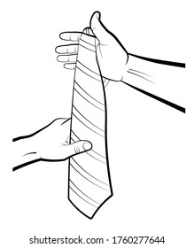 man is holding a striped tie in his hands, trying on a suit. Business style clothing, men's fashion. Isolated vector on white background