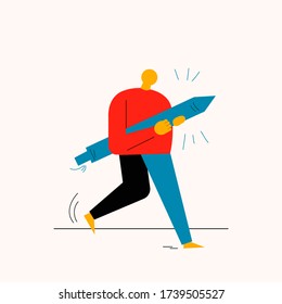 Man holding a stylus and running around, vector illustration concept of designing, designer with stylus