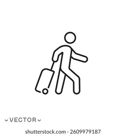man holding suitcase icon, migration and tourist, passenger with rolling bag concept, thin line symbol isolated on white background, editable stroke eps 10 vector illustration