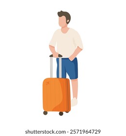 A man is holding a suitcase and standing in front of it. He is wearing a white shirt and blue shorts