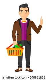Un hombre sostiene una canasta de supermercado llena de comida saludable y rechaza el vector de comida chatarra ilustración de diseño plano aislado en fondo blanco. Diseño vertical.