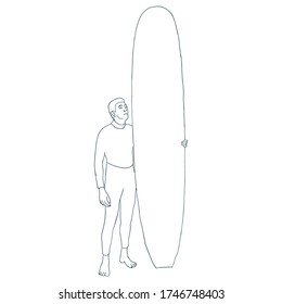 man holding a surf board full body outline sport vector illustration