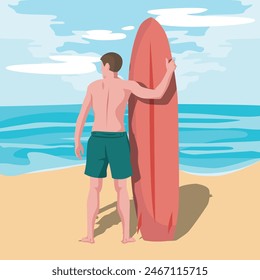 Man Holding Surf Board Summer Vacation Illustration