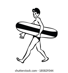 Man holding surf board walking