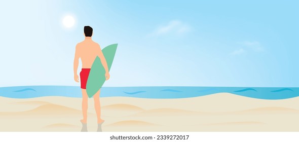 
man holding surfboard in beach summer season vacation holiday enjoying vector