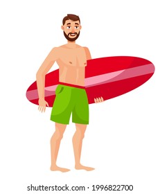 Man holding surfboard. Male person in cartoon style.