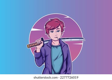 man holding sword cyberpunk style cartoon character illustration