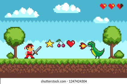 Man holding sword and standing near star and cherry with heart. Green dragon with fire on green landscape with clouds. Screen of level of old game vector