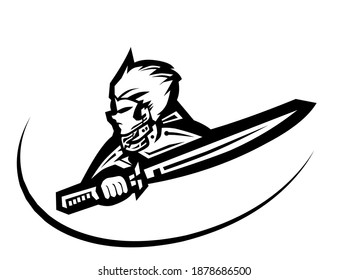 man holding sword, vector illustration of man holding sword, black and white color, line art, for mascot logo illustration.