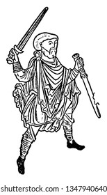 A man holding swords in each hand, vintage line drawing or engraving illustration