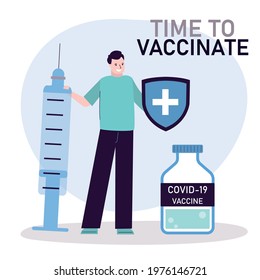 Man holding syringe with dose of antiviral drug. Male medical worker vaccinating people. Idea of immunization and vaccination of people against covid-19. Time to vaccinate. Vector illustration 