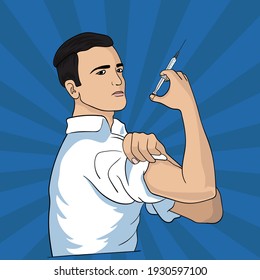 Man holding syringe. We can do it pop art illustration.