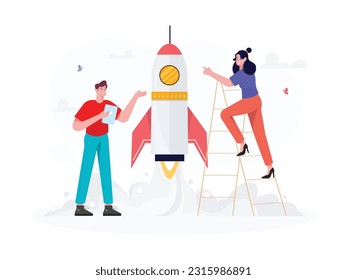 a man holding a tab and a woman climbing the stairs pointing at the rocket that is about to launch
flat design
vector illustration