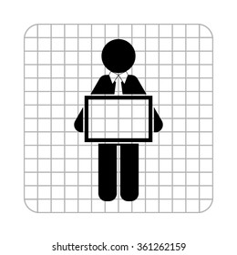 man holding tablet  - black vector icon