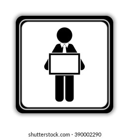 man holding tablet  - black vector icon