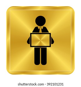 man holding tablet - black vector icon;  gold button