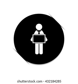 man holding tablet  - black vector icon
