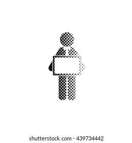 man holding tablet - black vector icon;  halftone illustration