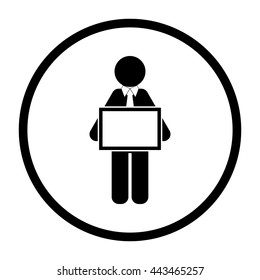 man holding tablet  - black vector icon