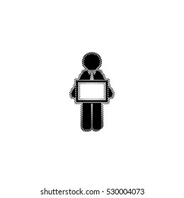man holding tablet  - black vector icon