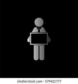 man holding tablet  - black vector icon