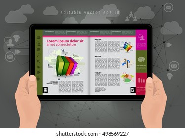 Man holding tablet with business content, vector