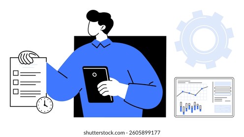 Man holding a tablet with checklist, clock, and graphs representing data analysis. Ideal for business management, productivity, data tracking, work planning, time management, analytics, project