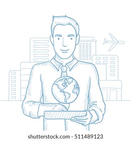 Man holding tablet computer with model of planet earth above the device on a city background. International technology communication concept. Hand drawn vector sketch illustration on white background.
