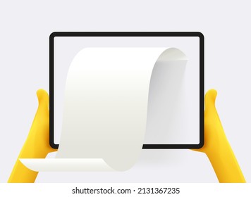 Man holding tablet computer with paper report. 3d vector illustration