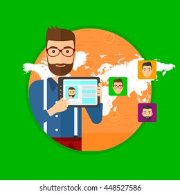 Man holding tablet computer with social network user profile on a screen. Man standing on background of avatars of social network. Vector flat design illustration in the circle isolated on background.