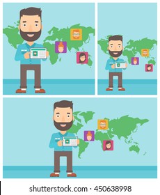 Man holding tablet computer with social network user profile on a screen on the background of map with avatars of social network. Vector flat design illustration. Square, horizontal, vertical layouts.