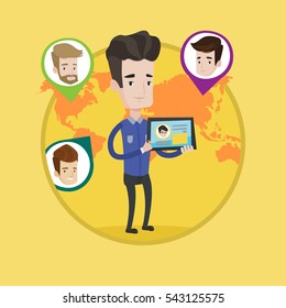 Man holding tablet computer with social network user profile. Man social networking on tablet computer. Social network concept. Vector flat design illustration in the circle isolated on background.