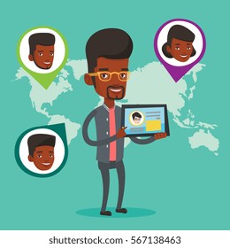 Man holding tablet computer with social network user profile on a screen. Man standing on the background of world map with avatars of social network. Vector flat design illustration. Square layout.