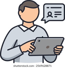 A man holding a tablet computer with a speech bubble above it.