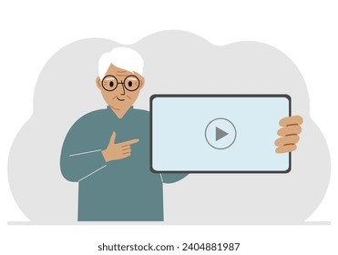 Man holding tablet computer with video player. Marketing concept in flat style.