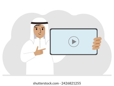 Hombre sosteniendo la tableta de la computadora con el reproductor de video. Concepto de marketing en estilo plano.