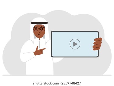 Man holding tablet computer with video player. Marketing concept in flat style.