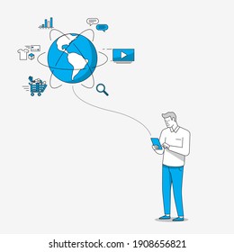 Man holding tablet connected to internet. Using tablet for ordering food, work, amusement, banking, online shopping etc. Internet of things concept. Linear style illustration.