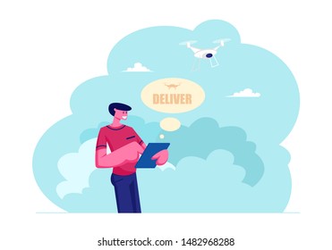 Man Holding Tablet Controlling Drone Delivering Parcel to Consumer. Futuristic Technology in Mail Service. Quadcopter Fast Delivery and Express Shipping of Goods. Cartoon Flat Vector Illustration