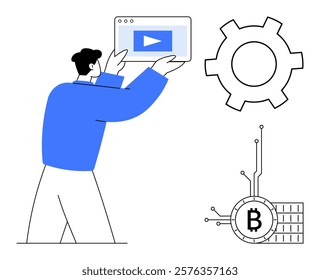 Man holding tablet, digital video, gear icon, and Bitcoin symbol on white background with blue accents. Ideal for technology, digital currency, online video, modern business, and innovation themes