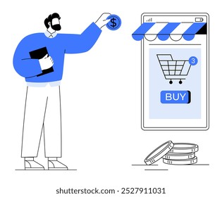 Homem segurando um tablet cai moeda em smartphone com um carrinho de compras imagem um botão de compra e notificações digitais com moedas em primeiro plano. Ideal para comércio eletrônico, compras on-line, pagamentos digitais