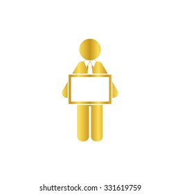man holding tablet  - gold vector icon
