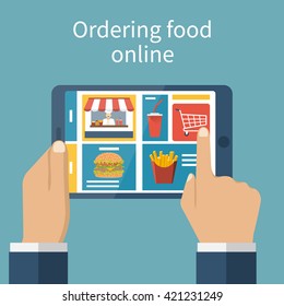 Man holding tablet in hand to order food online. View Food Menu applications. Payment for online. Online shopping concept. Vector illustration, flat design. E-commerce.